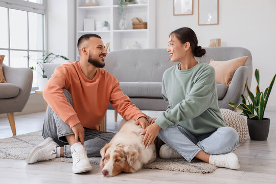 Young couple with Australian Shepherd dog on carpet at home