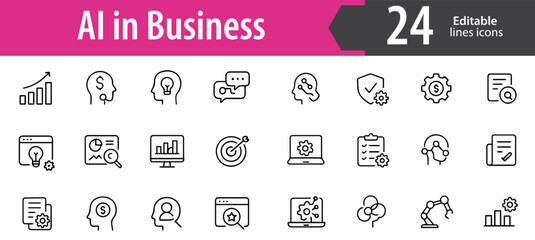 AI in Business Line Icons Set, Artificial Intelligence, Automation, Data Analytics, Strategy, and Corporate Growth, Editable Formats: AI, EPS, JPG, PNG, Ideal for Both Digital and Print Use
