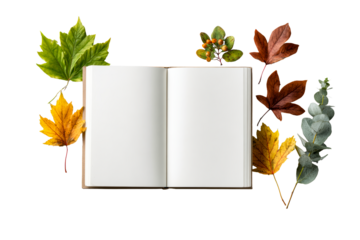 Book amid autumn leaves and greenery