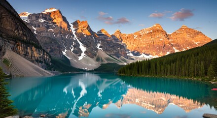 Serene Moraine Lake, Canadian Rockies, Majestic Mountains Reflected in Turquoise Water at Sunrise