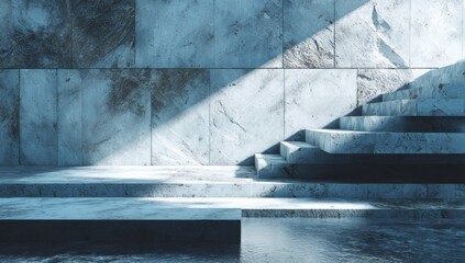 Empty stone steps and platform against a tiled wall.