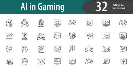 AI in Gaming Line Icons Set, Artificial Intelligence, Game Development, Virtual Reality, Esports, NPCs and Interactive Play, Editable Formats: AI, EPS, JPG, PNG, Ideal for Both Digital and Print Use
