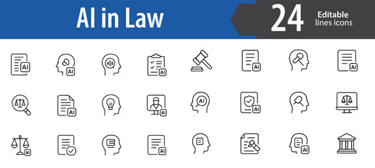 AI in Law Line Icons Set, Artificial Intelligence, Legal Technology, Court, Justice, Contracts, Editable Formats: AI, EPS, JPG, PNG, Ideal for Both Digital and Print Use
