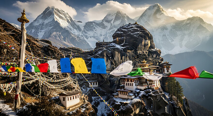 4k himalayan mountains with snowy peaks and buddhist monastery