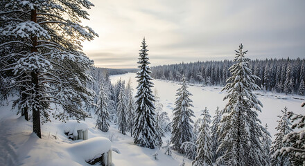 Obraz premium 4k russian siberian taiga forest with frozen river