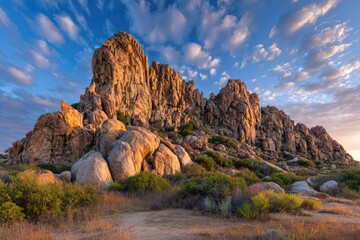 Rocky outcrop at dawn, dramatic light on rough terrain