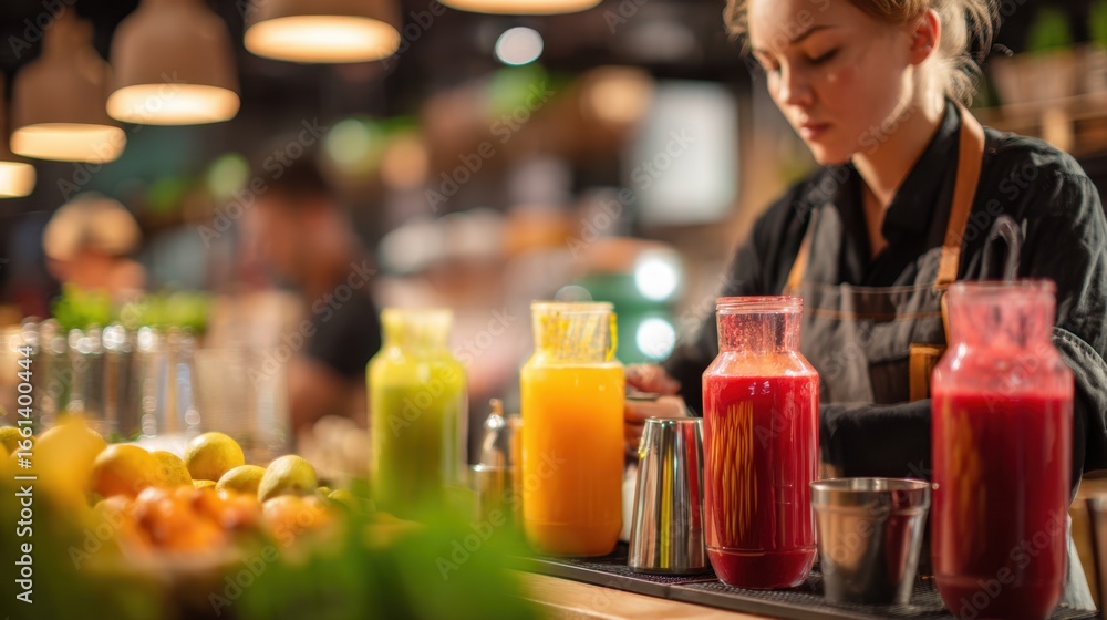 Poster medium shot of a barista preparing fresh juice with focus on the extraction process blurred customer
