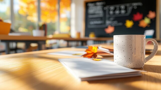 Cozy fall classroom interior with teacher's desk, mug of tea, and student leaf crafts on chalkboard