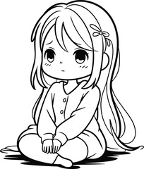 Cute anime girl sitting in flower field, black and white line art, kawaii character illustration, peaceful drawing for coloring book