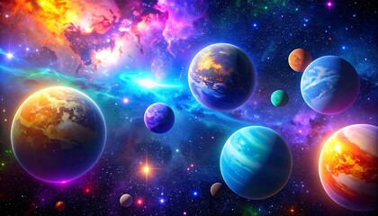 Colorful planets and nebula in space