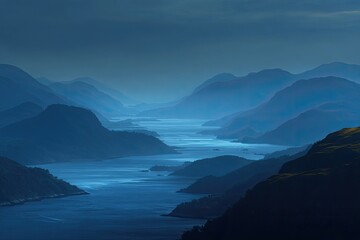 Misty fjord valley at dusk