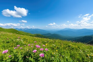Obraz premium Mountain meadow landscape under sunny sky