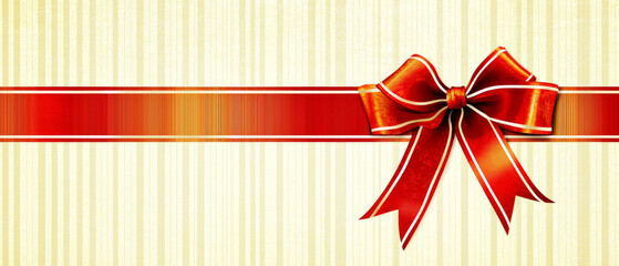 Red ribbon bow on striped beige background