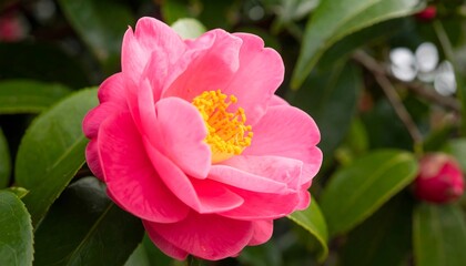 Obraz premium Elegant pink camellia flower in full bloom with vibrant yellow stamens