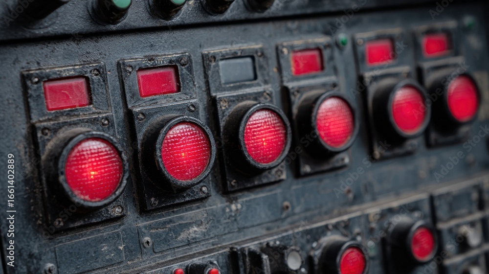 Poster a close-up view of a control panel featuring multiple red buttons surrounded by a textured, dark met