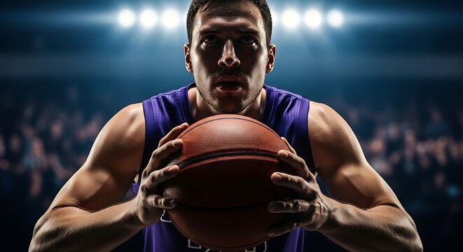 Focused Basketball Player Holding Ball Under Stadium Lights