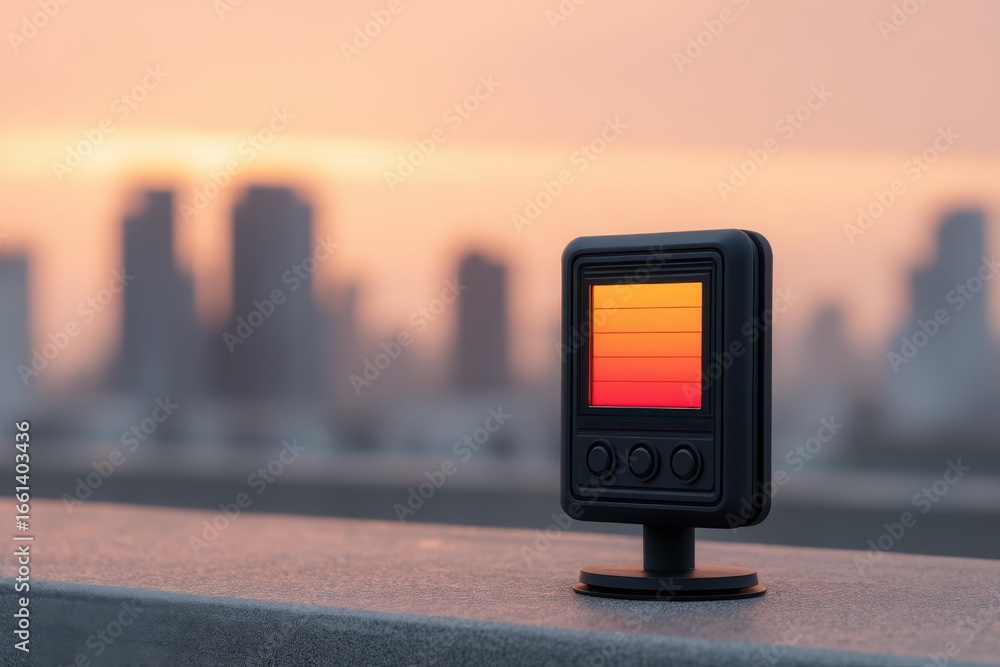 Poster urban heat monitoring concept. a modern device with a glowing red-orange display placed in front of 