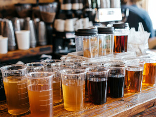 Rows of clear cups filled with various amber liquids on a wooden counter