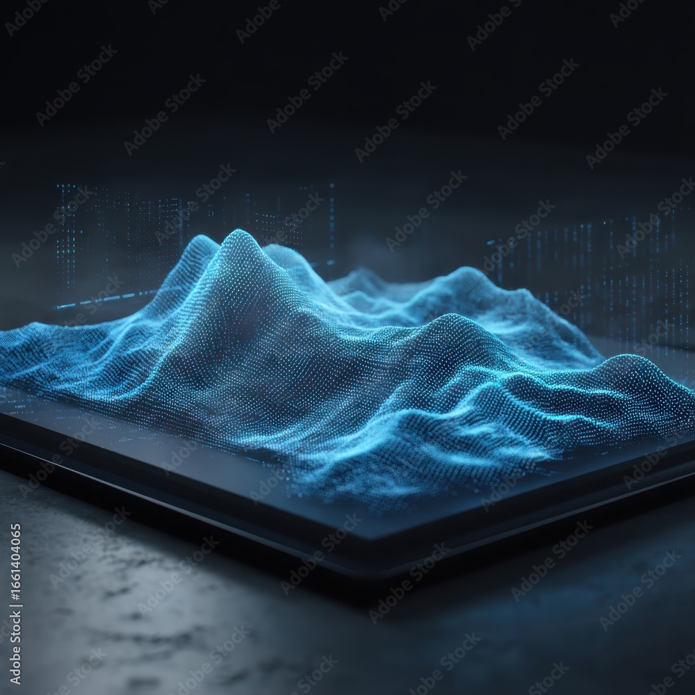 Poster a conceptual 3d terrain visualization created with digital data points on a modern device, represent