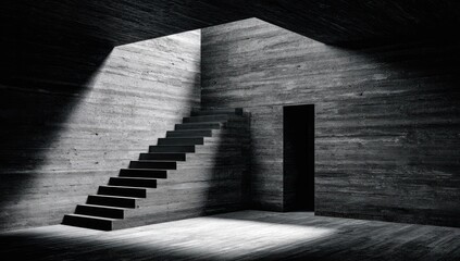 Interior view of a concrete space with stairs and a door.