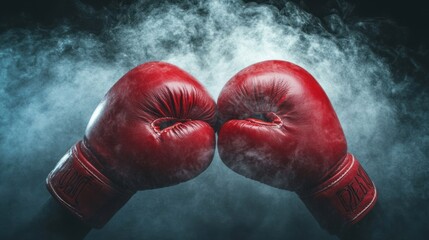 Red boxing gloves facing each other in smoky, dark background.