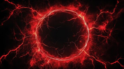 Glowing red energy circle with electrical discharges on black background.