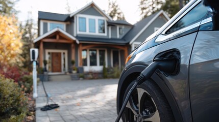 Medium shot of a compact electric car charging at a modern home driveway charging unit emphasizing the charger handle attached to the vehicle with a softly blurred suburban home