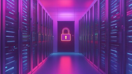 Secured server room with neon lights and a padlock symbol on the door.