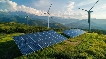 Solar Panels and Wind Turbines in a Mountainous Landscape
