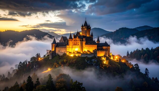 Eltz Castle shrouded in the morning mist, Germany, illuminated against a cloudy sky