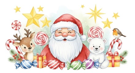 Obraz premium Joyful Santa Claus, a deer, and a polar bear, surrounded by Christmas treats and stars, in a festive watercolor illustration.