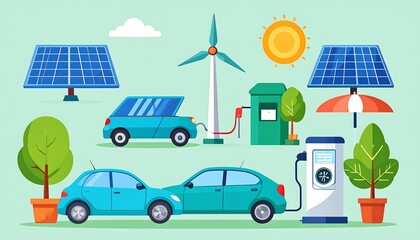 Eco-friendly electric cars charging with solar and wind power, sustainable energy concept.