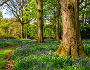 Sunlight streams through a springtime forest path carpeted in bluebells