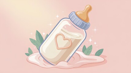 Vector illustration of a baby bottle with milk for feeding with a nipple decorated with a heart on a pink pastel background with space for text
