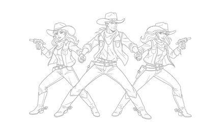 Line art illustration of a cowboy and two cowgirls standing with guns drawn, wearing hats and western attire, in a dynamic pose.