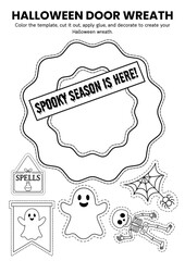 Halloween Door Wreath Coloring Craft Templates for Kids, Fun DIY Template for Classroom Activity, Spooky Party Decor, and Creative Halloween Art
