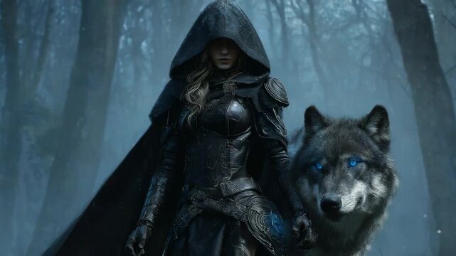 A formidable female warrior stands in a wintry forest with a loyal wolf companion, their piercing blue eyes reflecting the enchanting mystique of the scene.