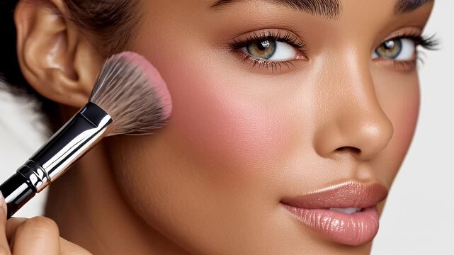 Makeup artist applying blush on model's cheekbones with brush