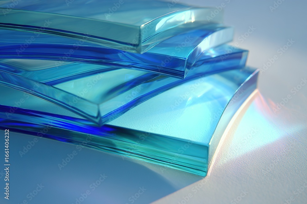 Poster colorful layers of translucent glass stacked on a surface create an artistic display of light and te