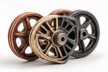 Three Decorative Metal Wheels Copper, Brass, and Black on a White Background