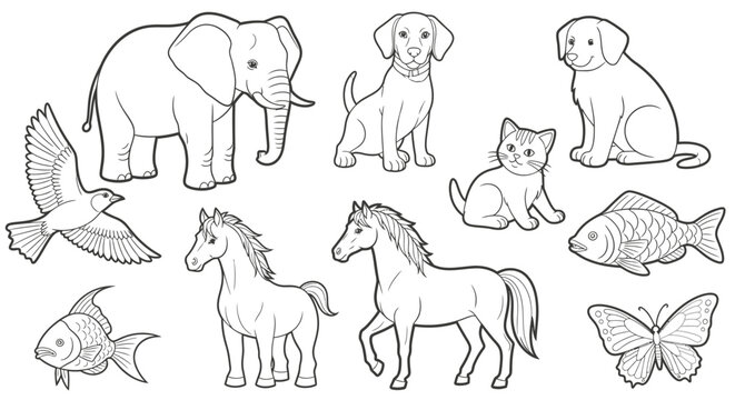Line art illustration featuring a collection of various animals, including an elephant, dogs, cat, horses, fish, bird, and butterfly.