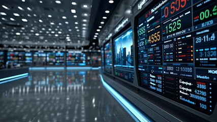 Financial data and charts illuminating a futuristic control room, showcasing real time market trends and investment opportunities - Powered by Adobe