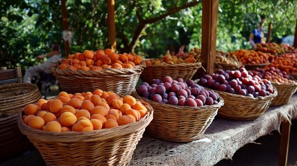 Fototapeta premium Colorful baskets filled with juicy apricots and plums at a vibrant outdoor market in summer.