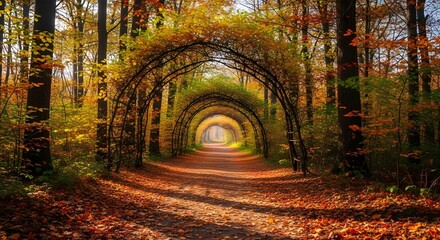 Obraz premium Scenic Forest Trail with Golden Autumn Leaves Forming Natural Archways
