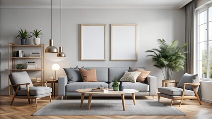 Fototapeta premium Modern living room interior with sofa, armchairs, coffee table, and decor