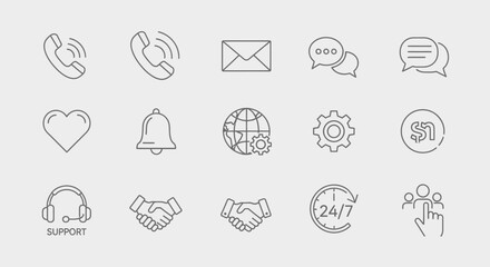 Simple line icons depicting communication, support, and global connectivity.