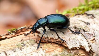 Dark green beetle on wood