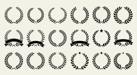 Collection of twenty-four monochrome laurel wreaths, various designs, including banners.