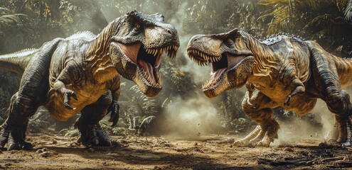 Obraz premium Dramatic battle between two fierce dinosaurs in prehistoric landscape, showcasing power, aggression, and survival in the ancient world