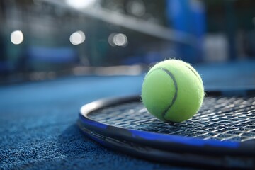 Bright tennis ball on a blue racket on a tennis court.